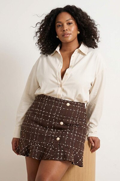 Trendyol Curve Brown Tweed Plaid/Checkered Mini Woven Plus Size Skirt Tbbaw26...