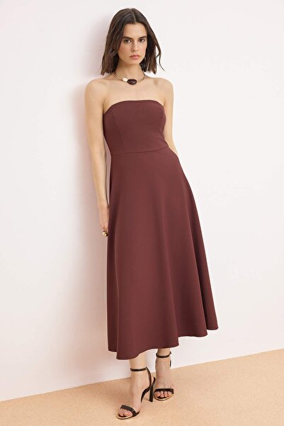 Trendyol Collection Smeđa ravna suknja otvorena u struku, tkana Finike maksi ...