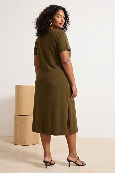 Trendyol Curve Khaki Single Jersey Knitted Plus Size Dress Tbbss22Ah0163