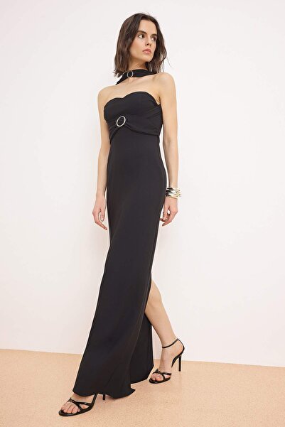 Trendyol Collection Rochie maxi neagră, simplă, cu detalii țesute și accesori...