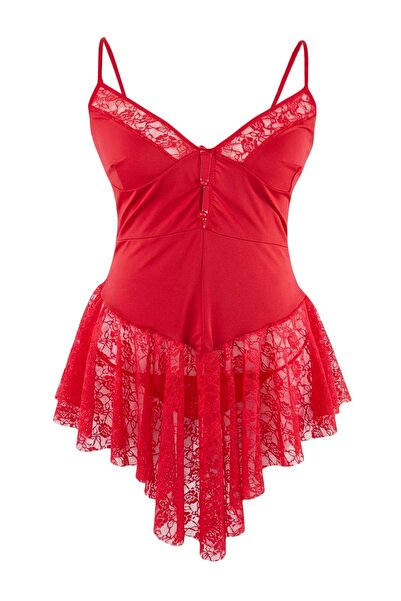 Trendyol Curve Roșu, dantelă piese, cu bretele și nasturi, fără cupe chiloți,...