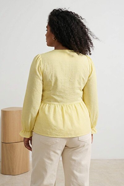 Trendyol Curve Žuta mašna, dugi balon rukav Teksturirano seersucker Tkano blu...