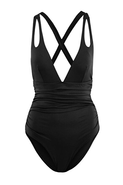 Trendyol Collection Costum de baie negru piele n cu decolteu în V și detalii ...