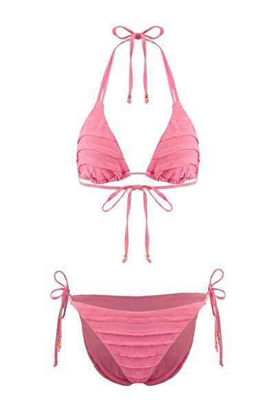Trendyol Collection Pink Textured Triangle Covered Ruffle Low Waist Brazilian...