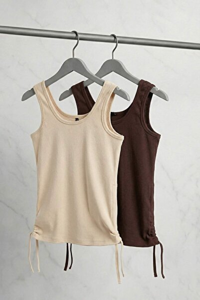 Trendyol Curve Brown-Beige 2-Pack Plus Size Tank Top with Gathered Sides Tbbs...