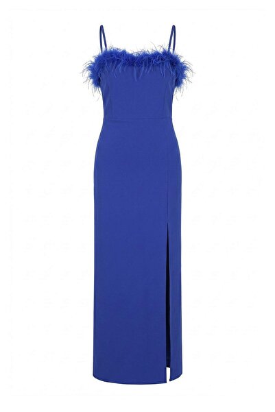 Trendyol Curve Saks Ötrişli Υφαντό Φόρεμα με Τιράντες/Στράπλες, Μεγάλο Μέγεθο...