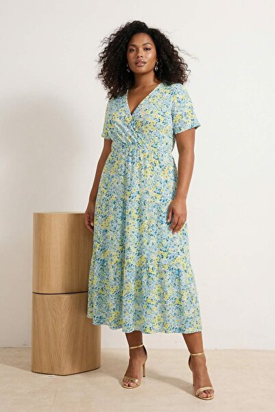 Trendyol Curve Žuta haljina sa žutim cvetnim printom, dvoredno kopčanje, rast...