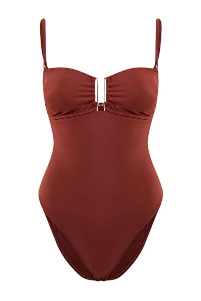 Trendyol Collection Smeđi kupaći kostim bez bretera i leđa sa dodacima TBESS2...