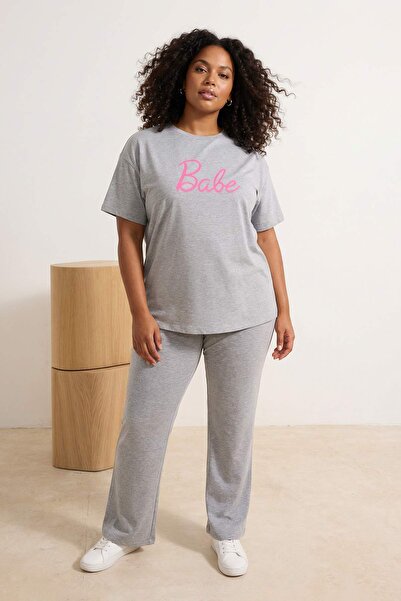 Trendyol Curve Γκρι Melange Regular Fit Slogan με στάμπα Rain Night Wear Σετ ...