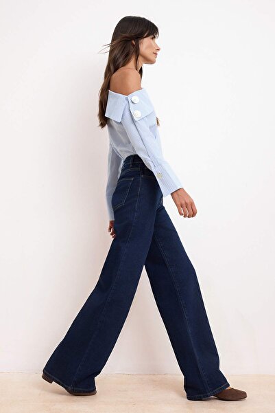 Trendyol Collection Σκούρο μπλε ψηλόμεσο τζιν με ελαστικό μέσο τμήμα και φαρδ...