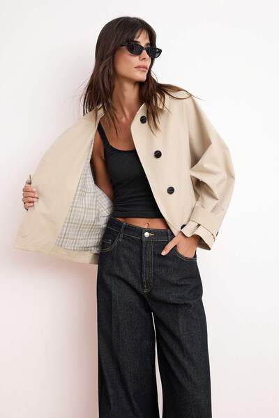 Trendyol Collection Stone Patterned Lined Soft Keys Oversized Short Coats Two...