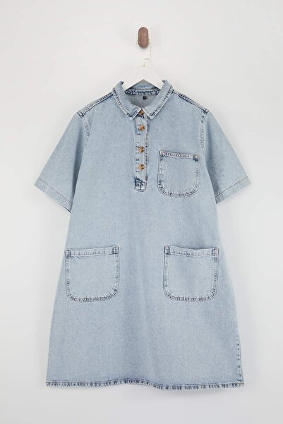 Trendyol Curve Plava džinska košulja haljina sa detaljnim džepovima, oversize...