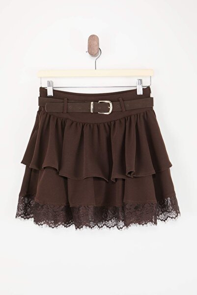 Trendyol Collection Brown Belted Ruffle Lace Detailed Mini Skirt Twoss26Et00156
