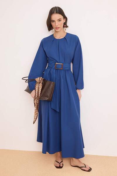 Trendyol Modest Navy Blue Unlined Pleated Belt Buckle Detail Woven Terrycotto...