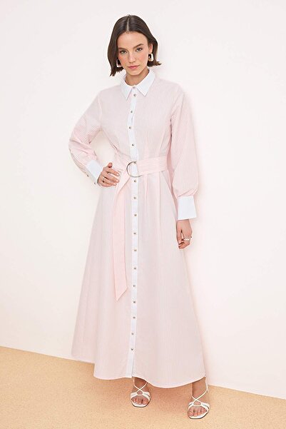 Trendyol Modest Svetlo roza haljina hijab od tkanog terikotona sa prugama, be...