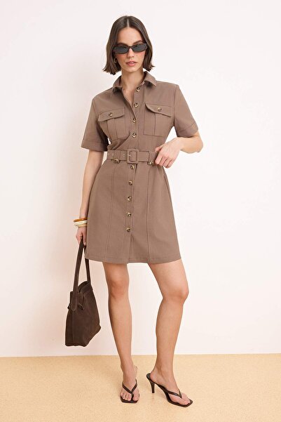 Trendyol Collection Brown Belt Pack Mini Gabardine Woven Shirt Dress Twoss26E...