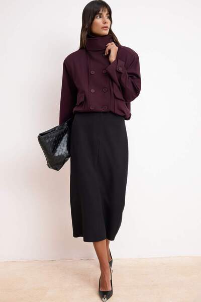 Trendyol Collection Bordo Oversized Kalıp Padded Shoulders Thin Coat Twoss26M...