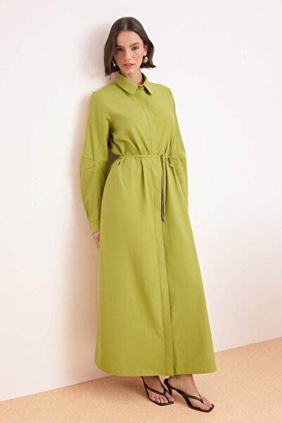 Trendyol Modest Oil Green Belted Unlined Plain Woven Terryviscose Hijab Dress...