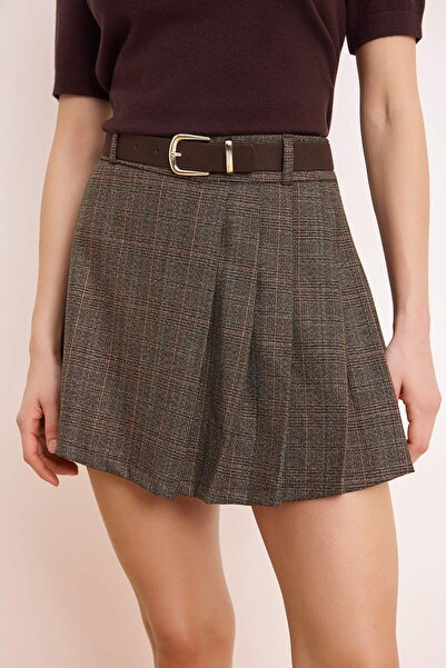 Trendyol Kollektion Brauner, karierter, plissierter Minirock mit Gürtel und i...
