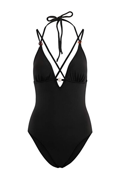 Trendyol Collection Μαύρο μαγιό με λαιμόκοψη V και αξεσουάρ με χάντρες TBESS2...