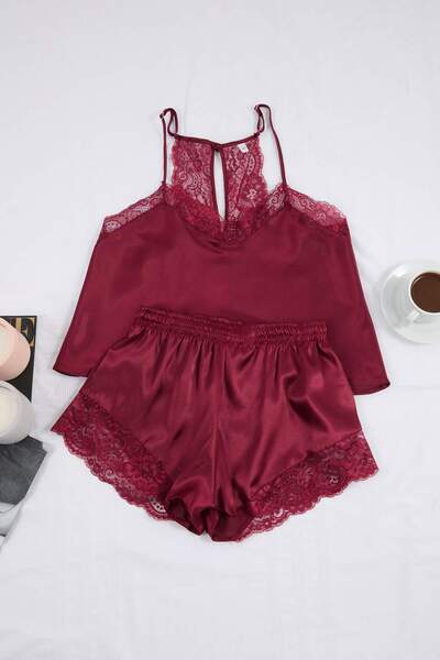 Trendyol Collection Σετ Πιτζάμες Μπορντό Απλό Σατέν Υφαντό THMSS22PT0269