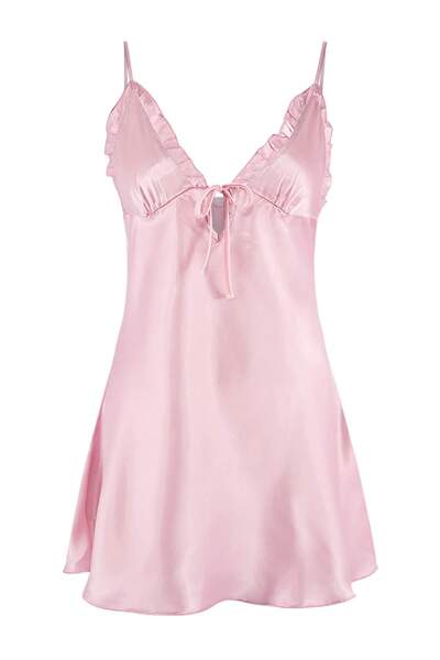 Trendyol Collection Nachthemd aus gewebtem Satin mit rosa Rüschen und Schnürd...