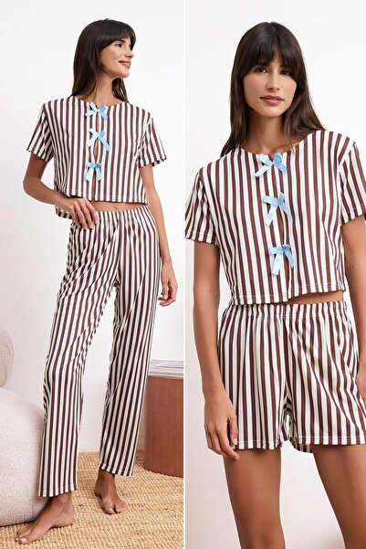 Trendyol Collection Καφέ 3τμχ Ριγέ Πλεκτό Σετ Πιτζάμες με Λεπτομέρεια Κορδέλα...