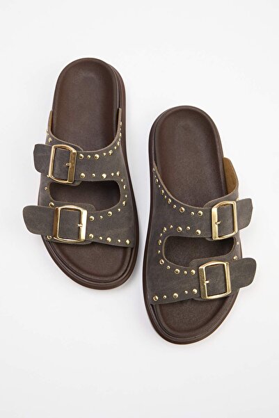 TRENDYOL SHOES Papuci de damă plat cu cataramă dublă cu nituri maro închis TA...