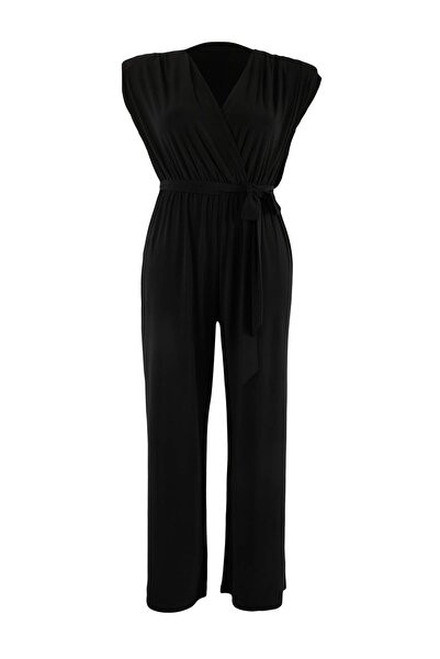 Trendyol Curve Salopetă neagră tricotată cu decolteu în V și curea, mărime ma...