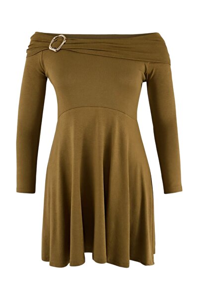 Trendyol Curve Oil Green Carmen Collar Accessory Detailed Knitted Plus Size D...