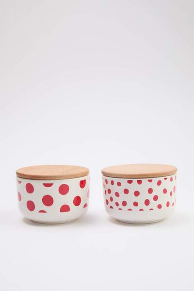 ترينديول كوليكشن حاوية تخزين سيراميك منقوشة بغطاء خشبي، عبوتان، 12 سم و530 سم...