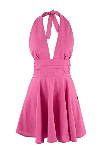 Trendyol Collection Φούξια Υφαντό V-Neck Super Mini λεπτομέρεια με σούρες 100...