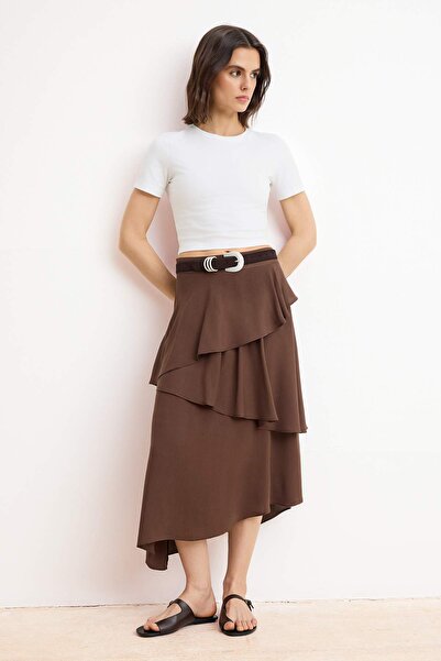 Συλλογή Trendyol Καφέ Ασύμμετρη Μίντι Φούστα Βισκόζη TWOSS26ET00056