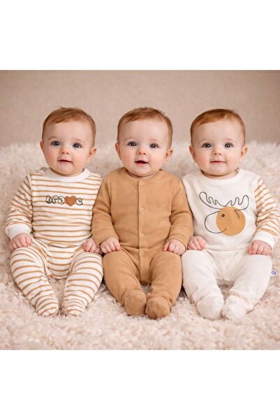 DIMPLE BABY Patterned Snap Fastener Organic Cotton 3-Piece Jumpsuit Set