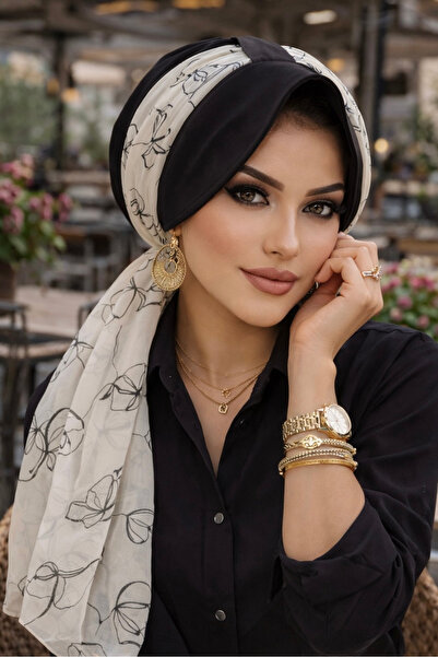 Aişe tesettür Μαύρο καπέλο κασκόλ με σχέδιο εκρού