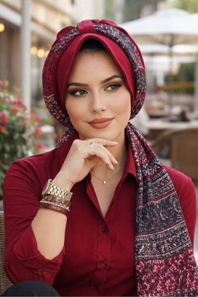 Aişe tesettür Burgundy Ethnic Pattern Cap Bonnet