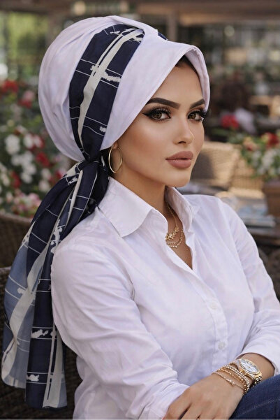 Aişe tesettür Bela mornarsko plava šal, šešir, kapa sa uzorkom