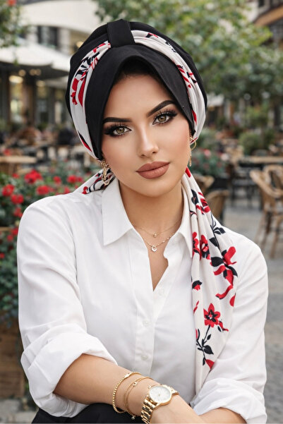 Aişe tesettür Μαύρο καπέλο με μοτίβο κόκκινου φύλλου με μαντήλι