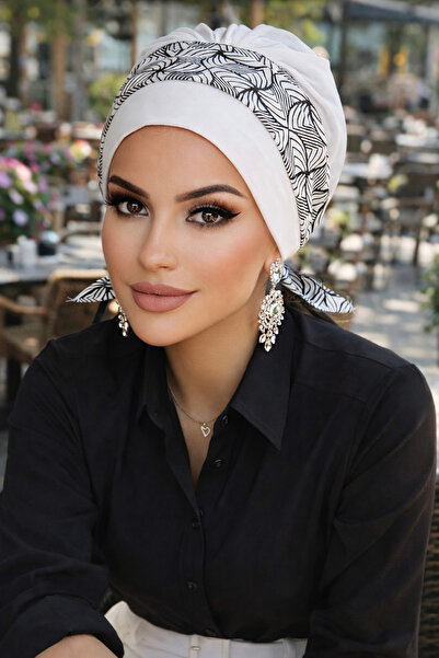 Aişe tesettür Έτοιμο καπό με σπειροειδές σχέδιο σε λευκό και μαύρο χρώμα