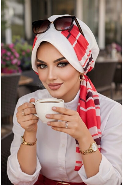Aişe tesettür Šal i kapa sa šarom koraljnih pruga u boji off-white