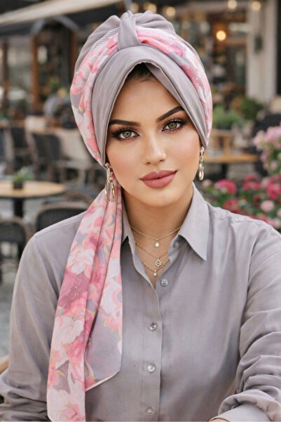 Aişe tesettür Καπέλο με λουλουδάτο σχέδιο σε γκρι πούδρα