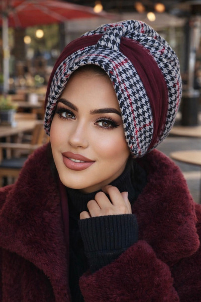 Aişe tesettür Crni šal sa pepeljastim uzorkom Kašmir tkanina šešir sa kapom