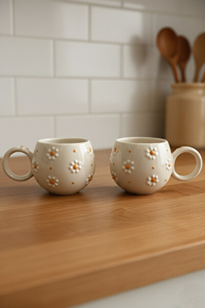 Home Papatya Kabartmalı 2'li El Yapımı Kupa Seti