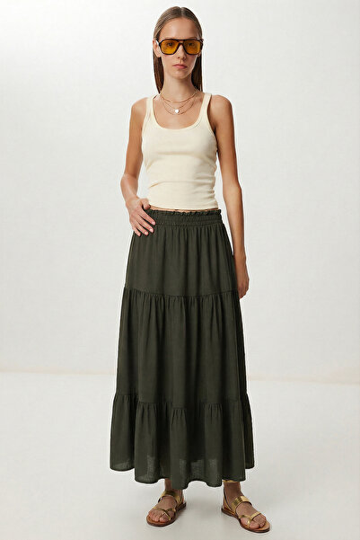 Lovelyİstanbul cu volane Fusta lungă de vară viscoză LRN0008 KHAKI