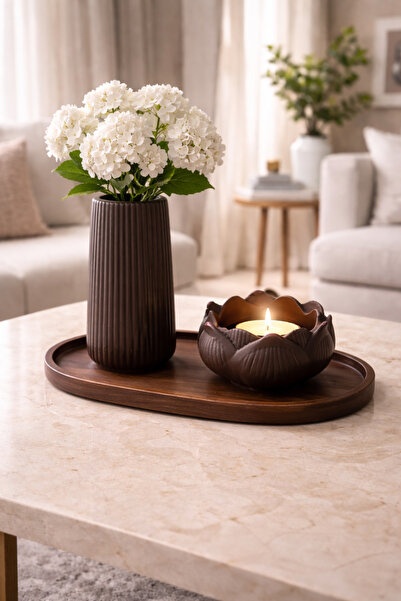 StoneVia Kahverengi Dekoratif Tepsi Seti – Oval Ahşap Renkli Tepsi, Çizgili V...