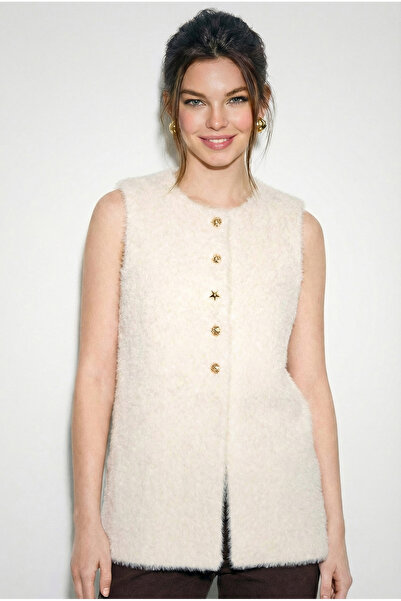 Bianco Lucci Women's Soft Textured Beard Button Detailed Lined Vest 60282043