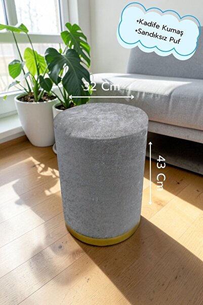 Arte Cotone Gri Kadife Kumaş Dekoratif Silindir Koltuk Puf 32 X 43 (Sandıksız)