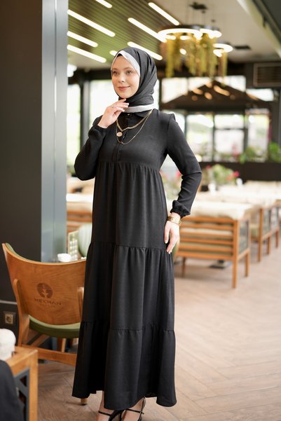 BURİSLA MODA VE AKSESUAR Tesettür Sehra Long Dress Black