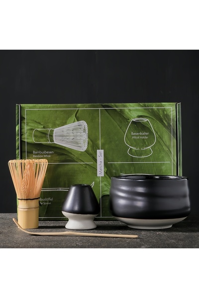 Arabest طقم شاي من 4 قطع مع وعاء سيراميك وملعقة وخفاقة ماتشا من الخيزران وصين...