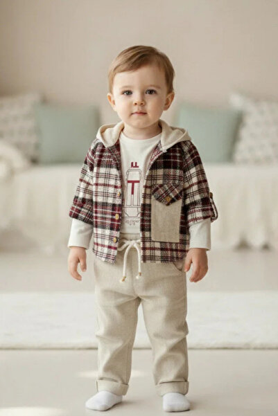 Cattac Kids Boy's Plum Plaid Hooded Shirt, T-Shirt and Beige Pants 3-Piece Se...